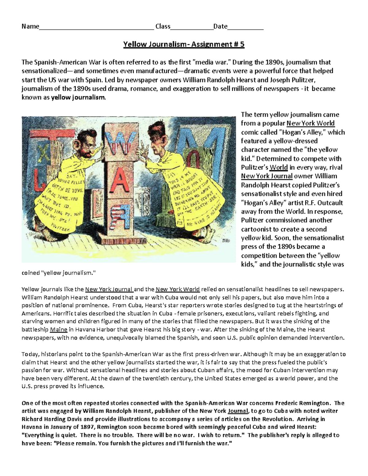 Yellow Journalism and Its Role in the Spanish-American War Activity -  Studocu, image size:1200x1553