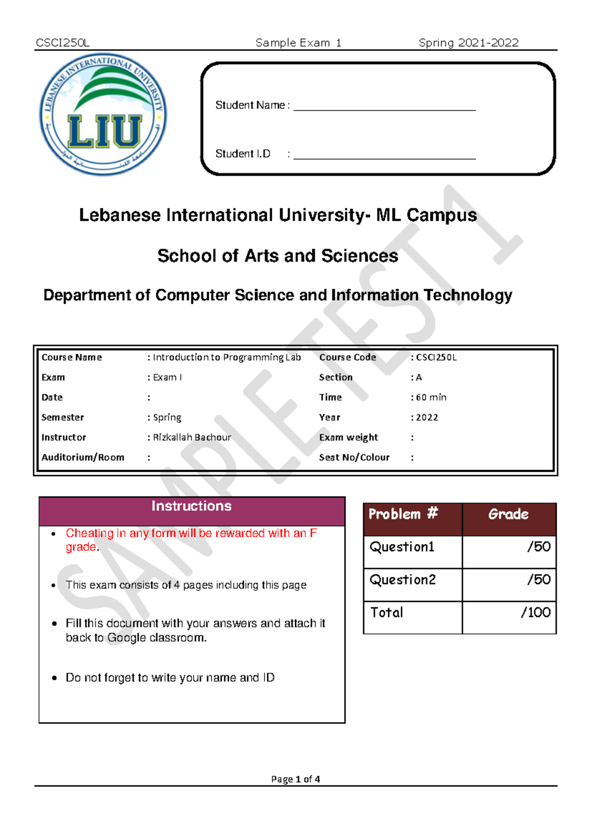 CSCI250 L Sample Test 1 - Spring 2022 - Solution - Lebanese ...