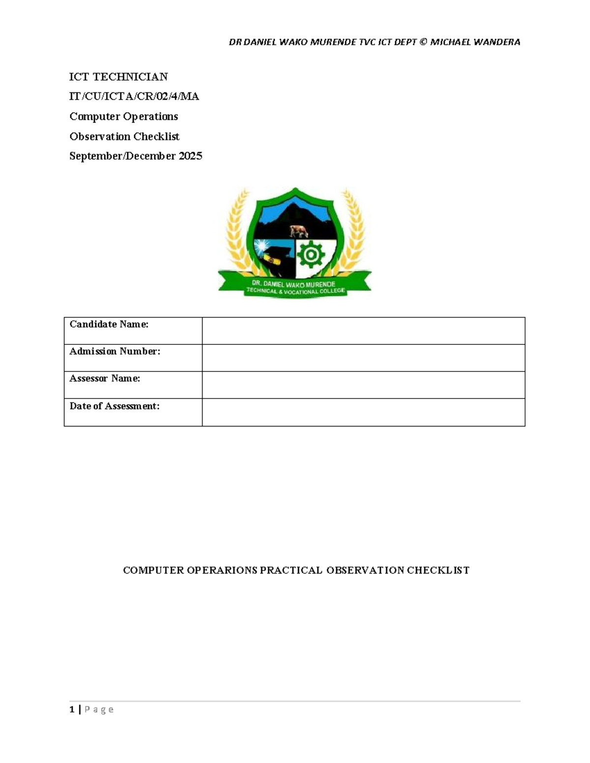 Computer Operations Practical Observation Checklist - 2025 - Studocu