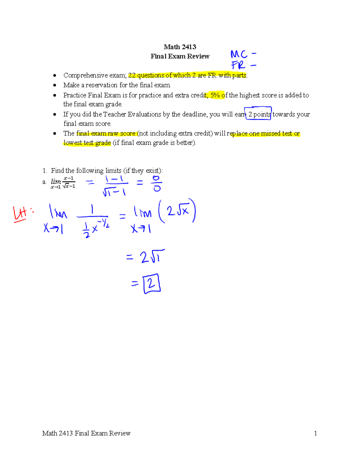 Math 2413 Final Exam Review Solutions - S23 Comprehensive Guide - Studocu