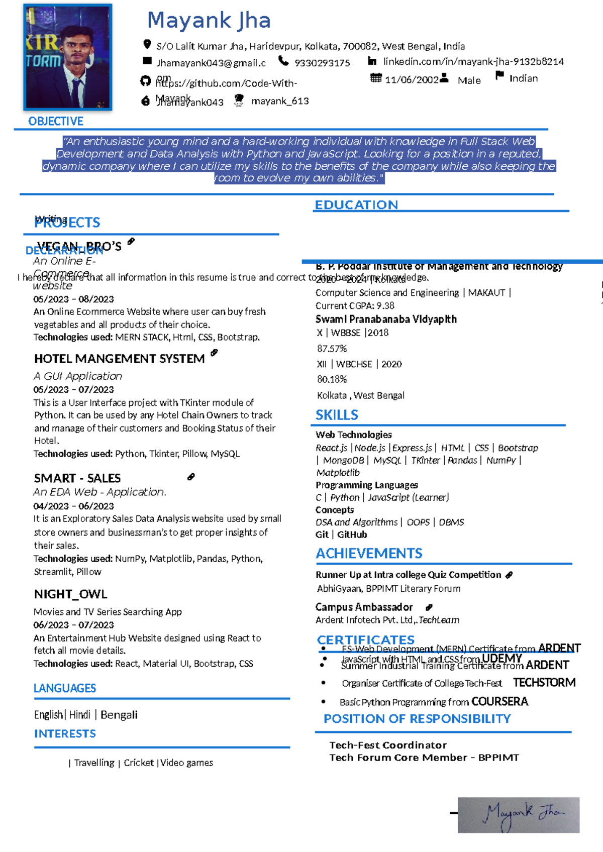 Resume of Mayank Jha - Full Stack Web Development & Data Analysis - Studocu