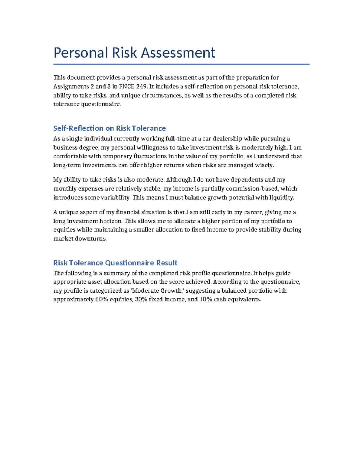 FNCE 249 Personal Risk Assessment & Tolerance Analysis - Studocu