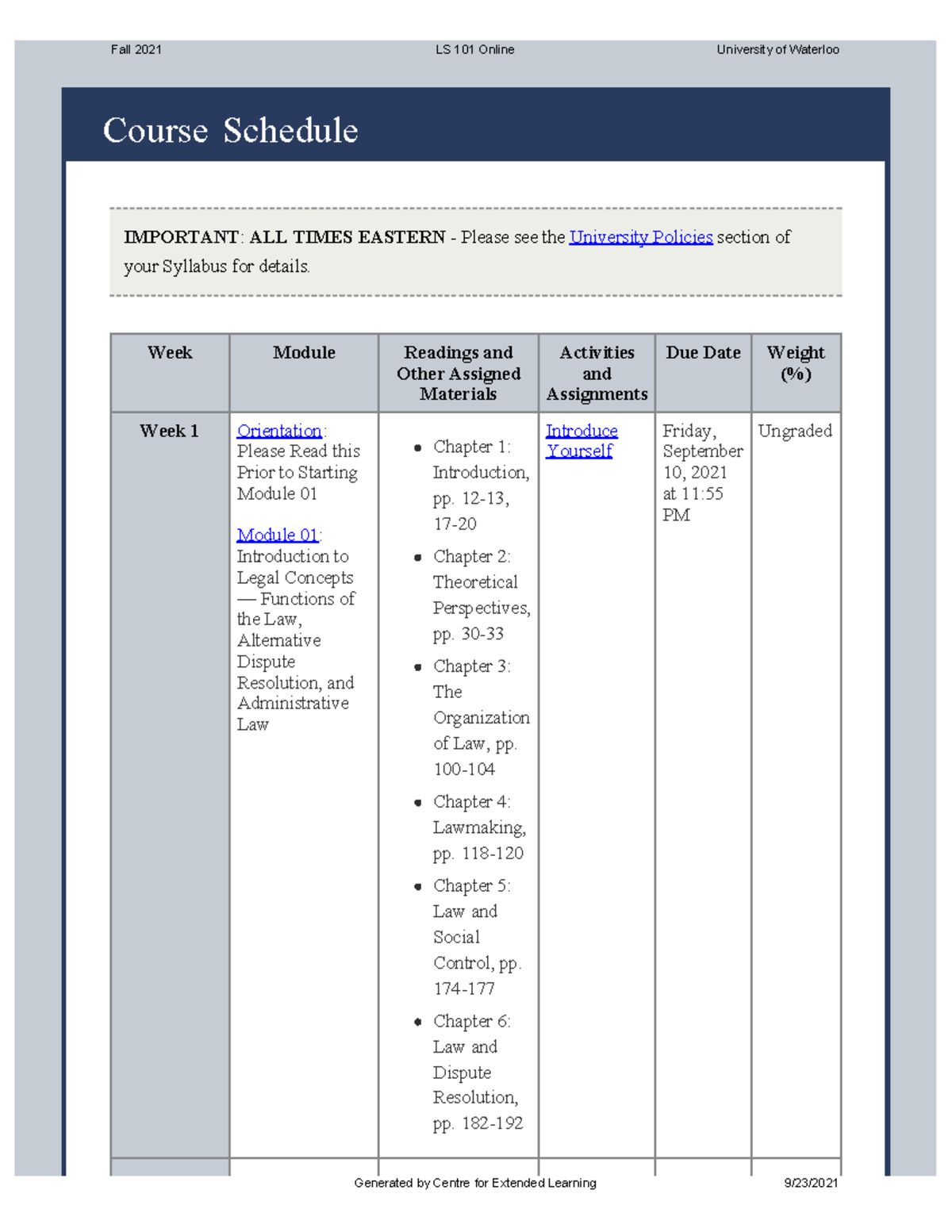 Course Syllabus LS 101 - Course Schedule IMPORTANT : ALL TIMES EASTERN ...