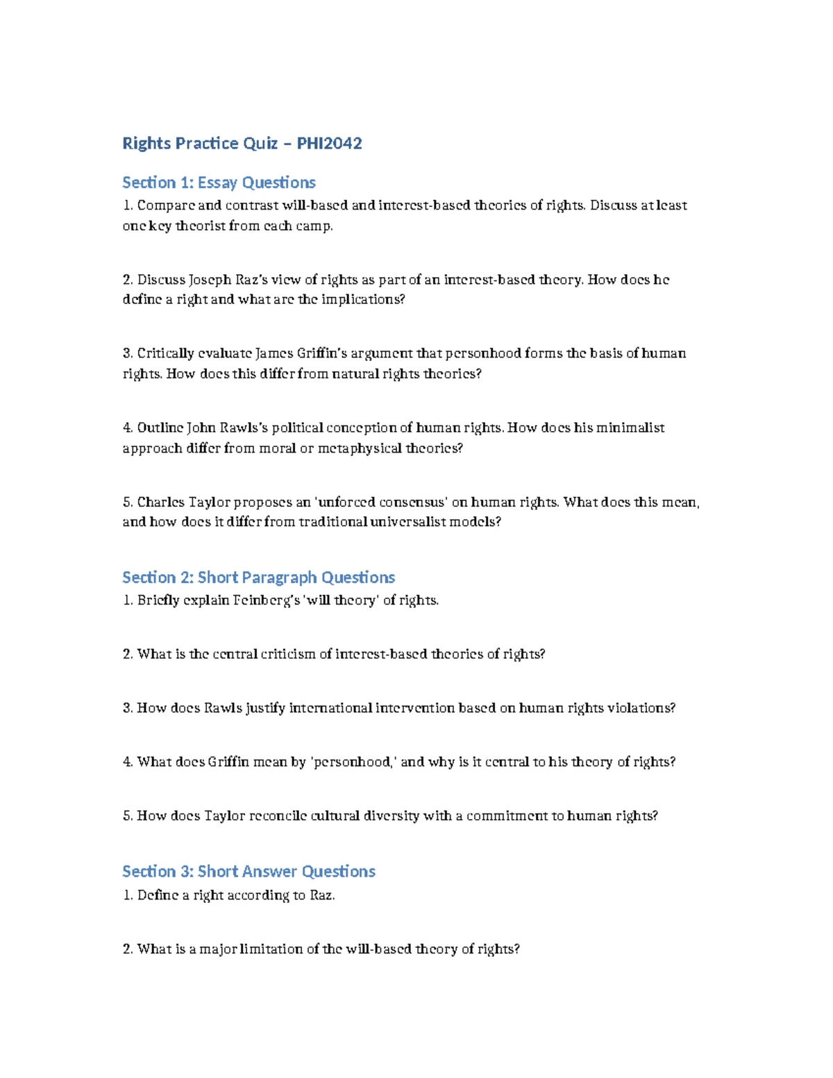 Rights Practice Quiz Answer Key: Theories of Human Rights - Studocu