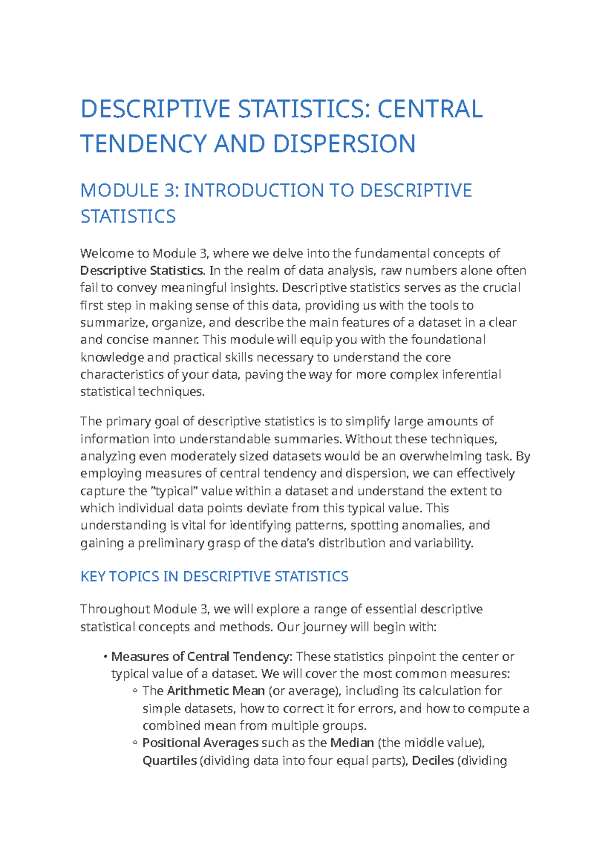 Descriptive Statistics: Central Tendency & Dispersion (Module 3) - Studocu