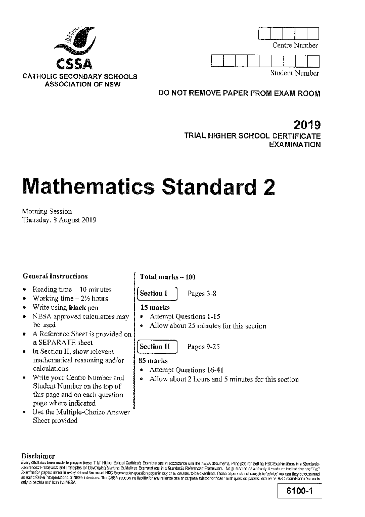 CSSA Mathematics Standard 2 - 2019 Trial Exam Paper - Studocu