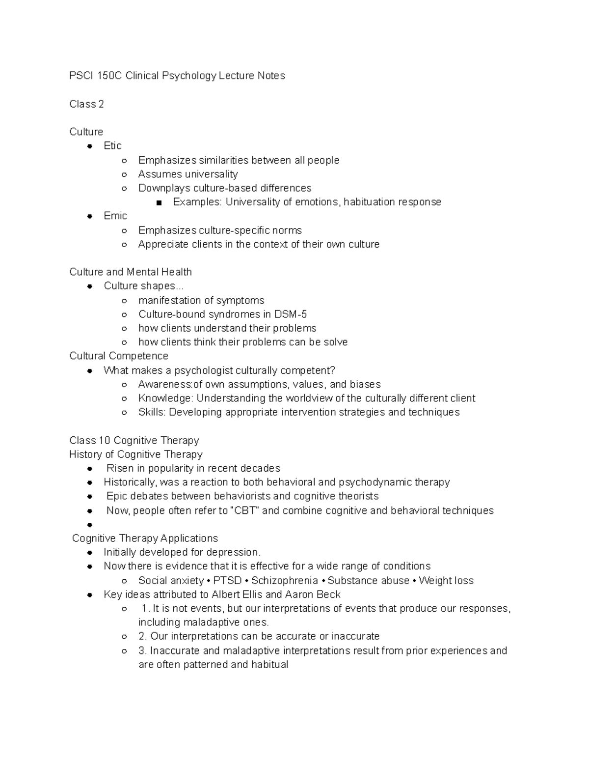 PSCI 150C Clinical Psychology Lecture Notes: Key Concepts & Theories ...