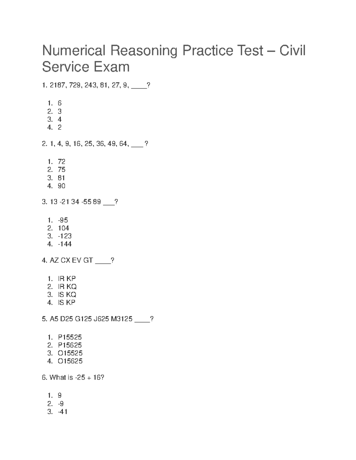 Numerical Reasoning Practice Test for Civil Service Exam 1 - Studocu