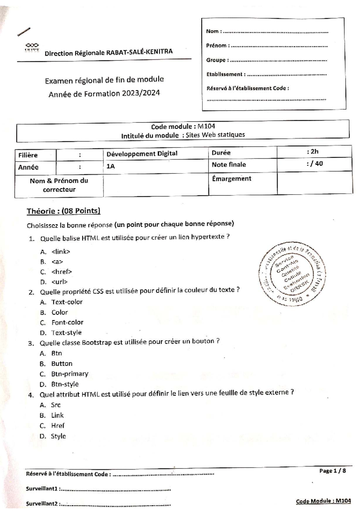 Examen régional M104 : Sites Web statiques 2023-2024 - Document Preview