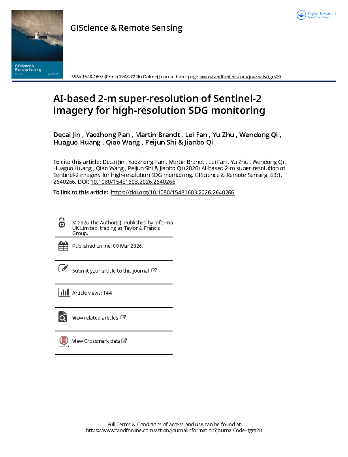 AI-Based 2m Super-Resolution of Sentinel-2 Imagery for SDG Monitoring ...