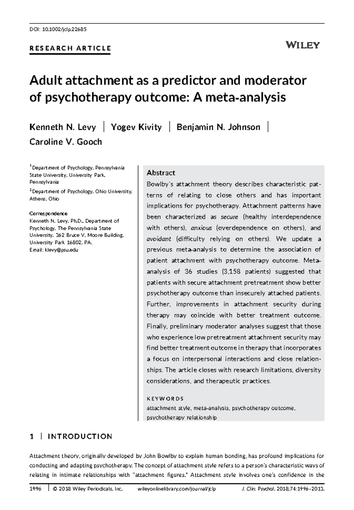Adult attachment as a predictor and mode - DOI: 10/jclp. R E S E A R C ...