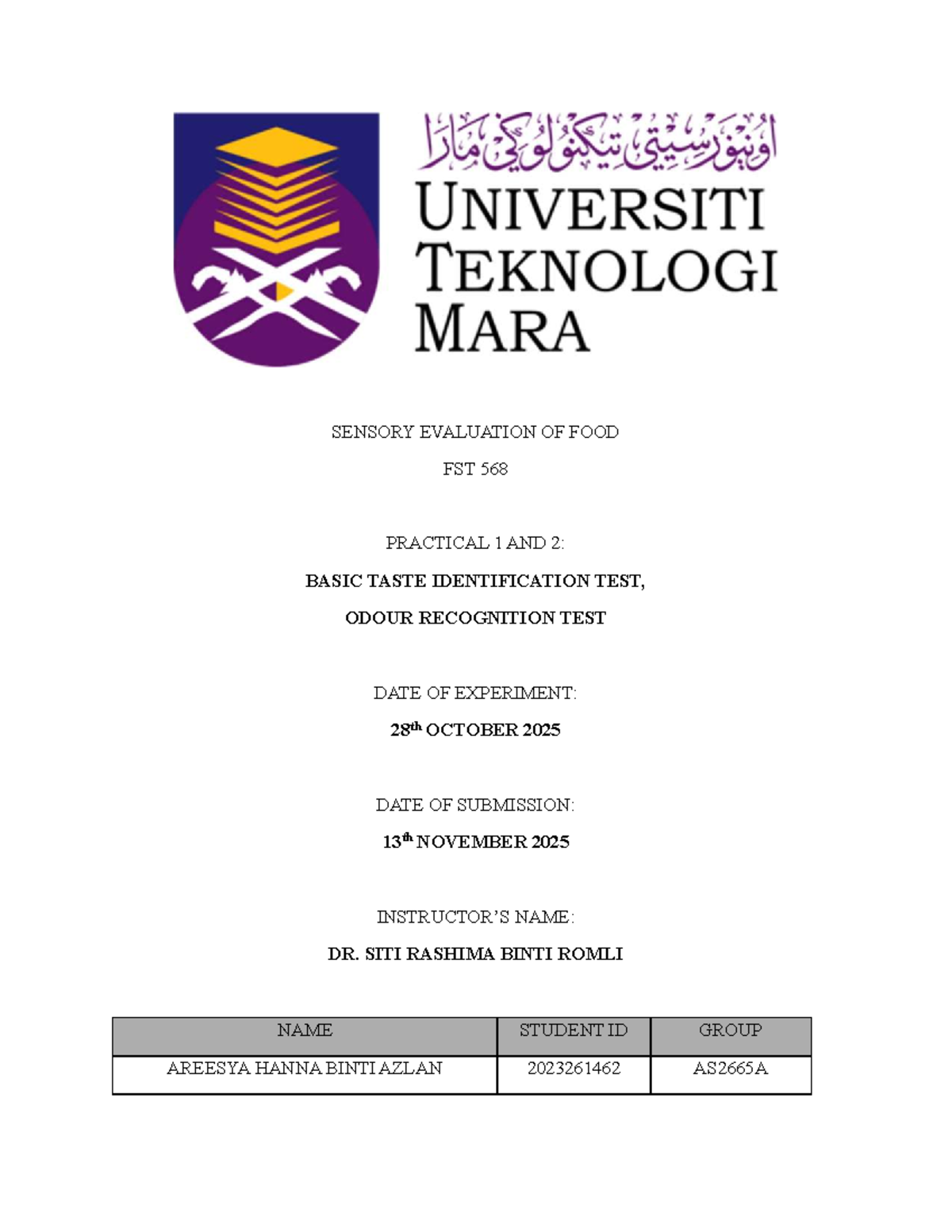 FST 568 Practical 1 & 2: Sensory Evaluation of Basic Tastes & Odours ...