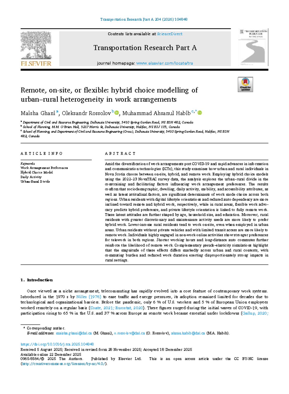 Hybrid Choice Modelling of Work Arrangement Preferences in Nova Scotia ...