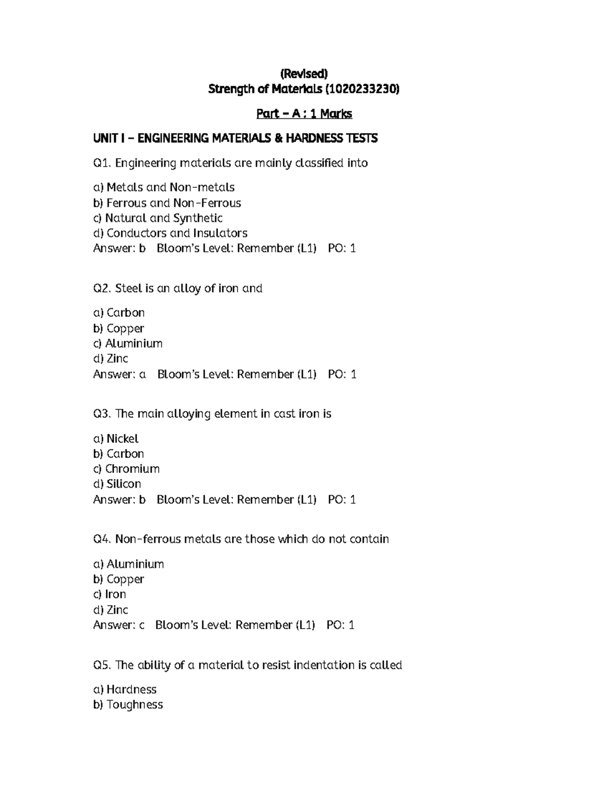 Strength of Materials (1020233230) - Unit I & II Exam Review - Studocu