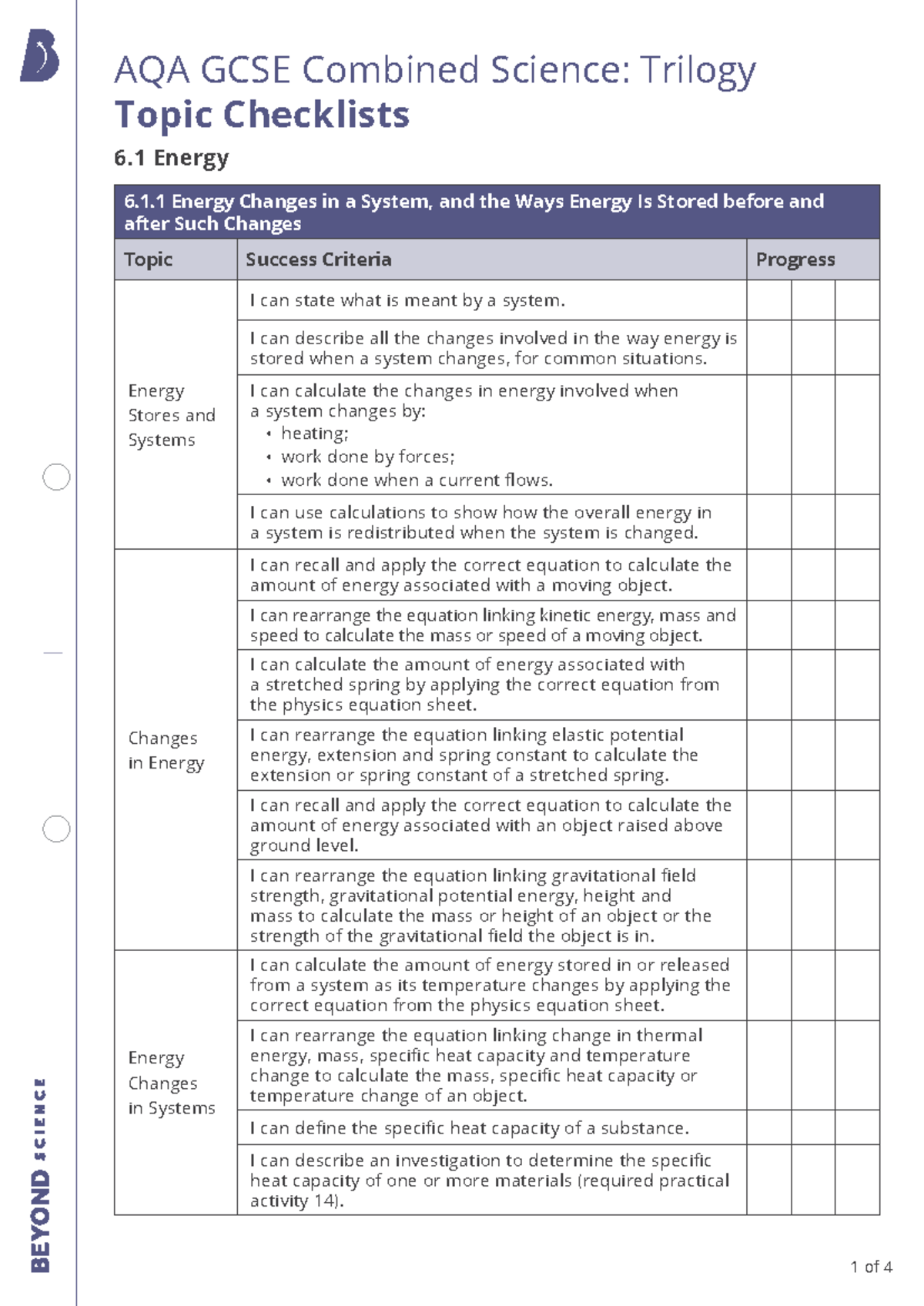 AQA GCSE Combined Science: Trilogy Topic Checklists 6.1 Energy Changes ...