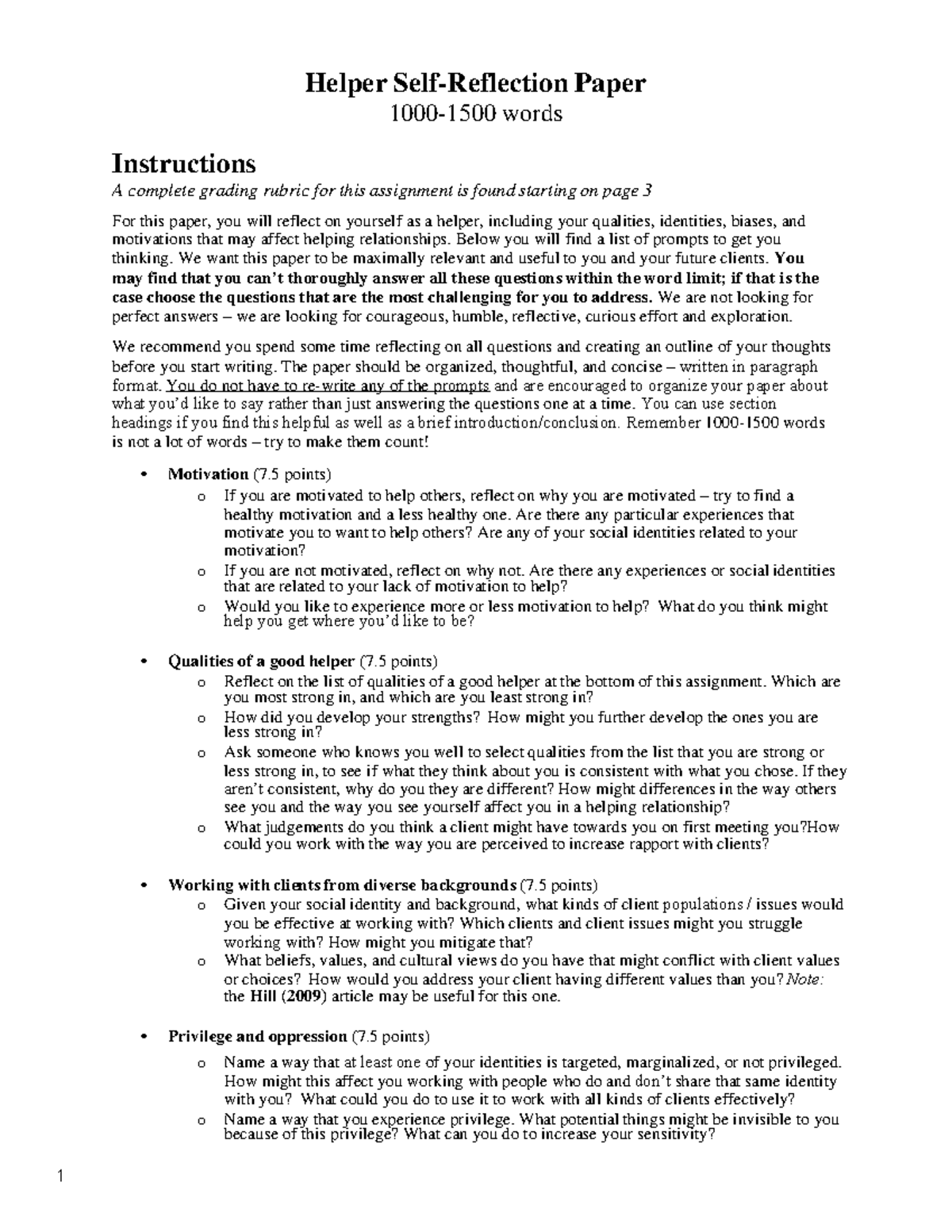 CNCSP 101 Helper Self-Reflection Paper: Instructions & Grading Rubric ...