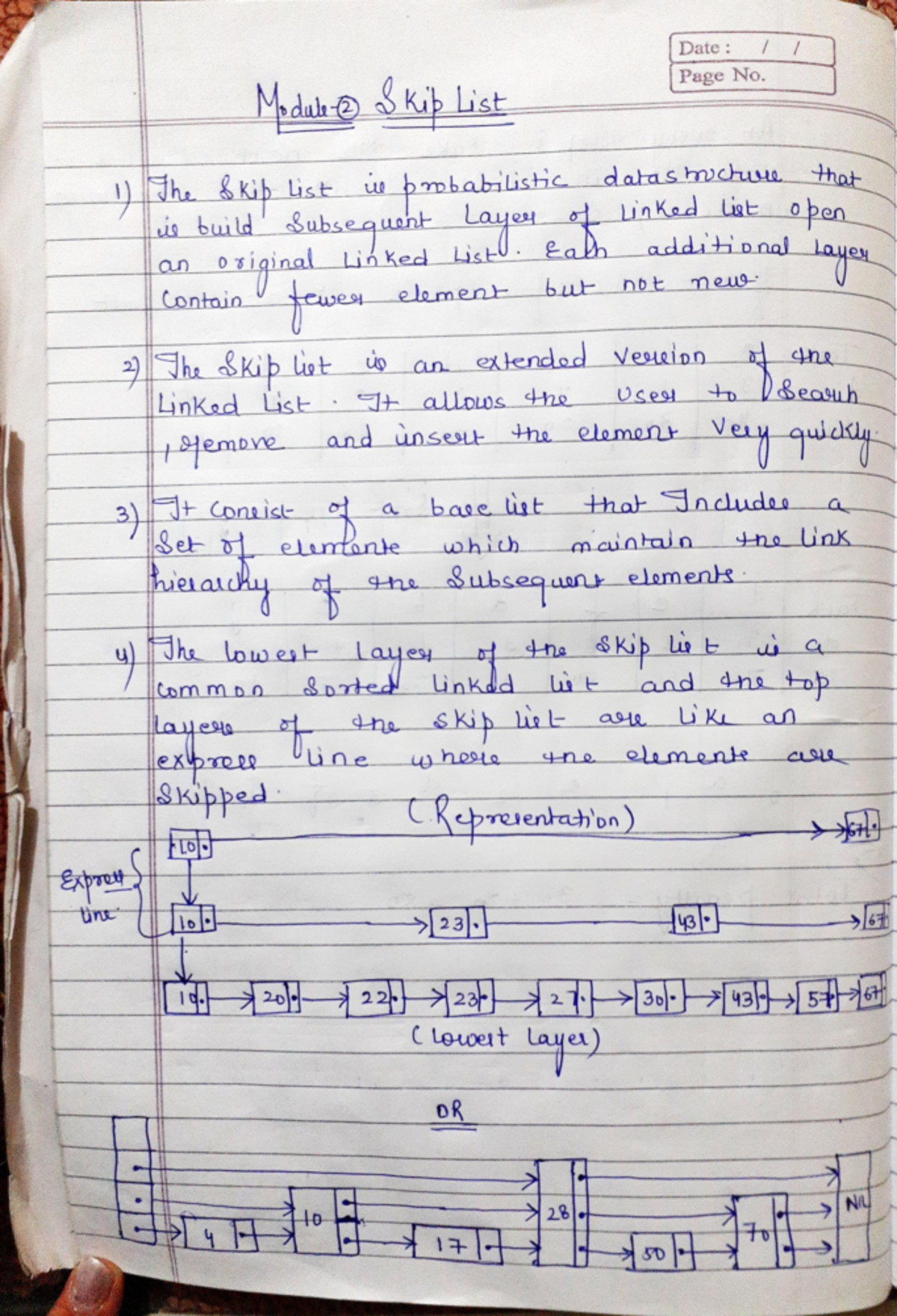 Skip list notes - Date : Module 2 Skip List Page No. 1) The Skip List ...