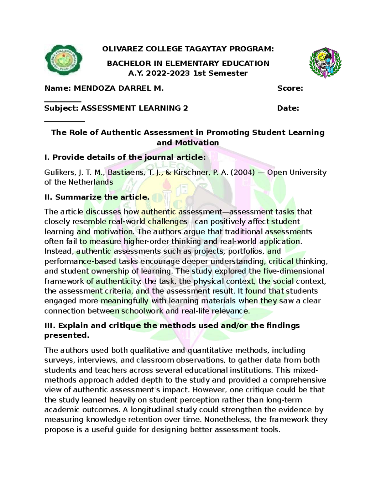 AL 2 Journal Finals - The Role of Authentic Assessment in Learning ...