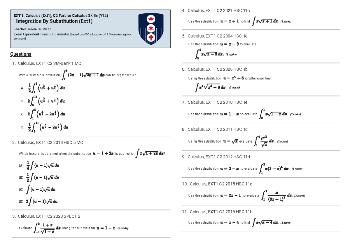 Integration Techniques with Substitution - EXT1 C2 2022 HSC - Studocu