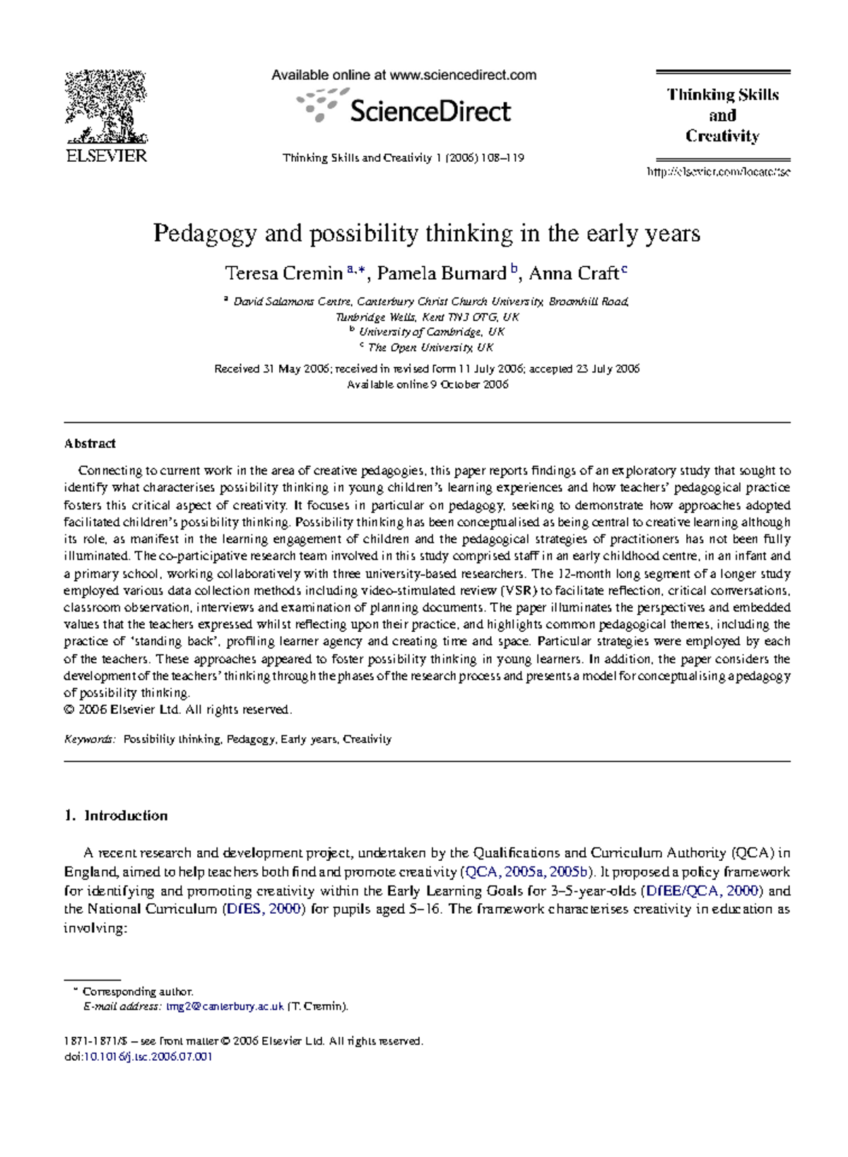 Pedagogy and Possibility Thinking in Early Childhood Education (EDU 101 ...
