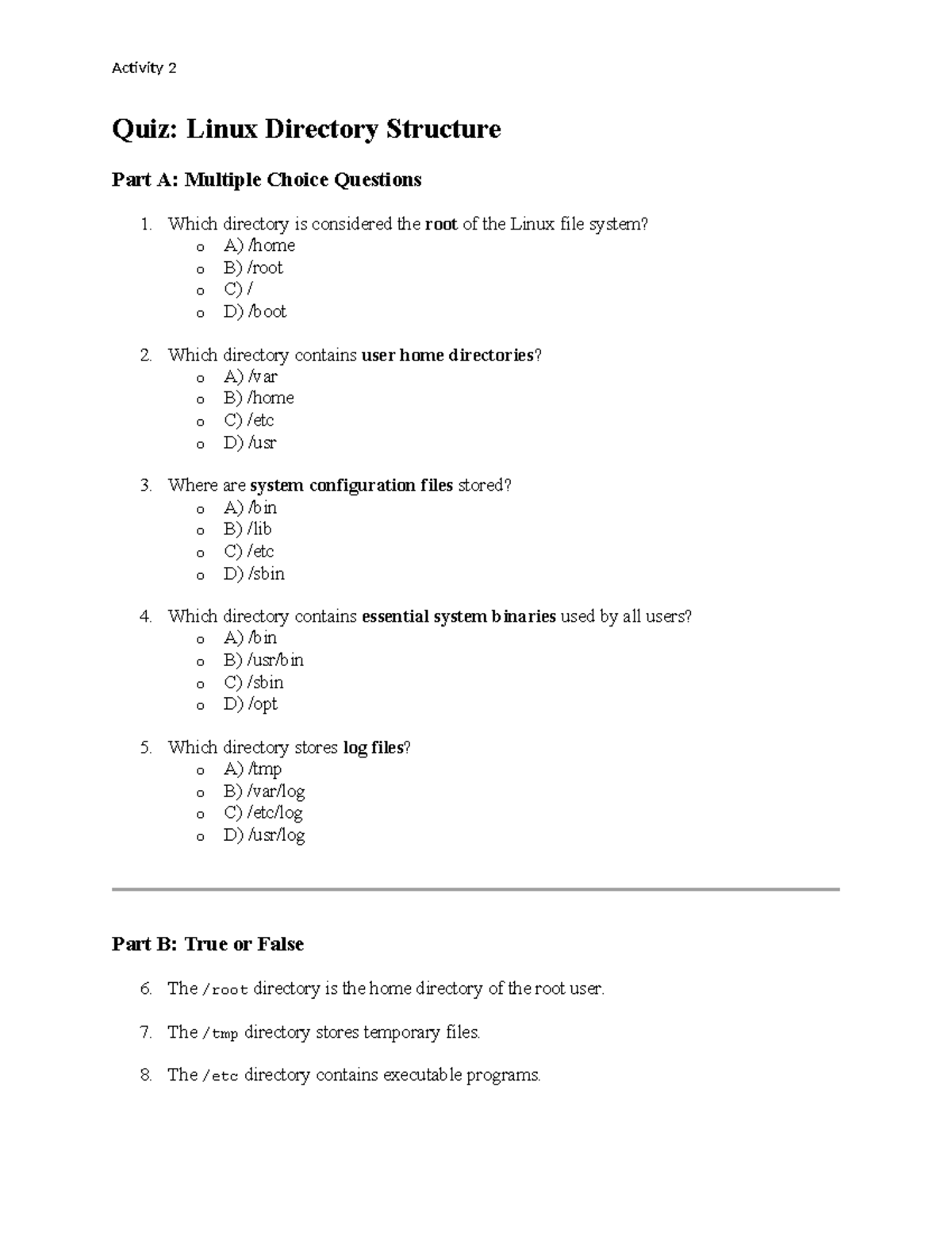 Activity 2 Quiz: Linux Directory Structure - MCQs & T/F Questions - Studocu