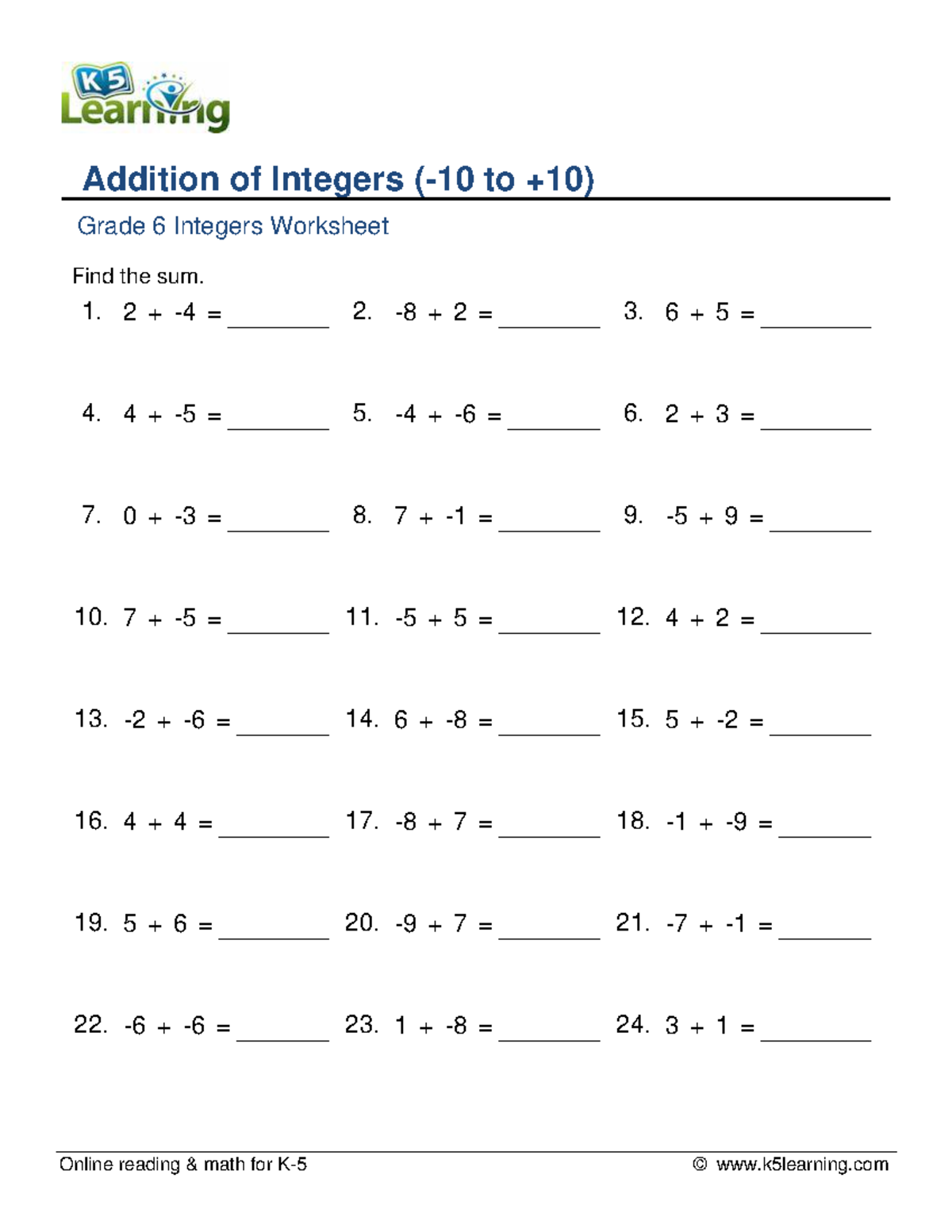 Grade 6 Math: Addition of Integers Worksheet - Studocu