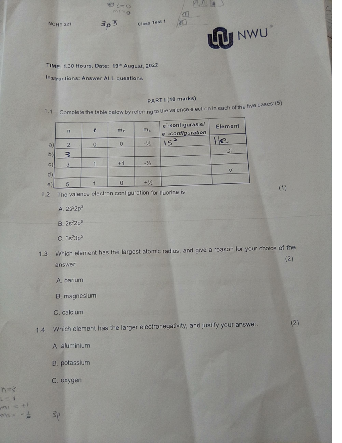 NCHE221 Test 1 Study Guide and Key Concepts - Studocu