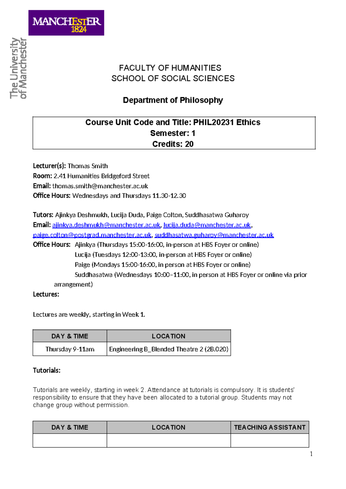 PHIL20231 Ethics Course Outline - Semester 1 Details and Assessment ...