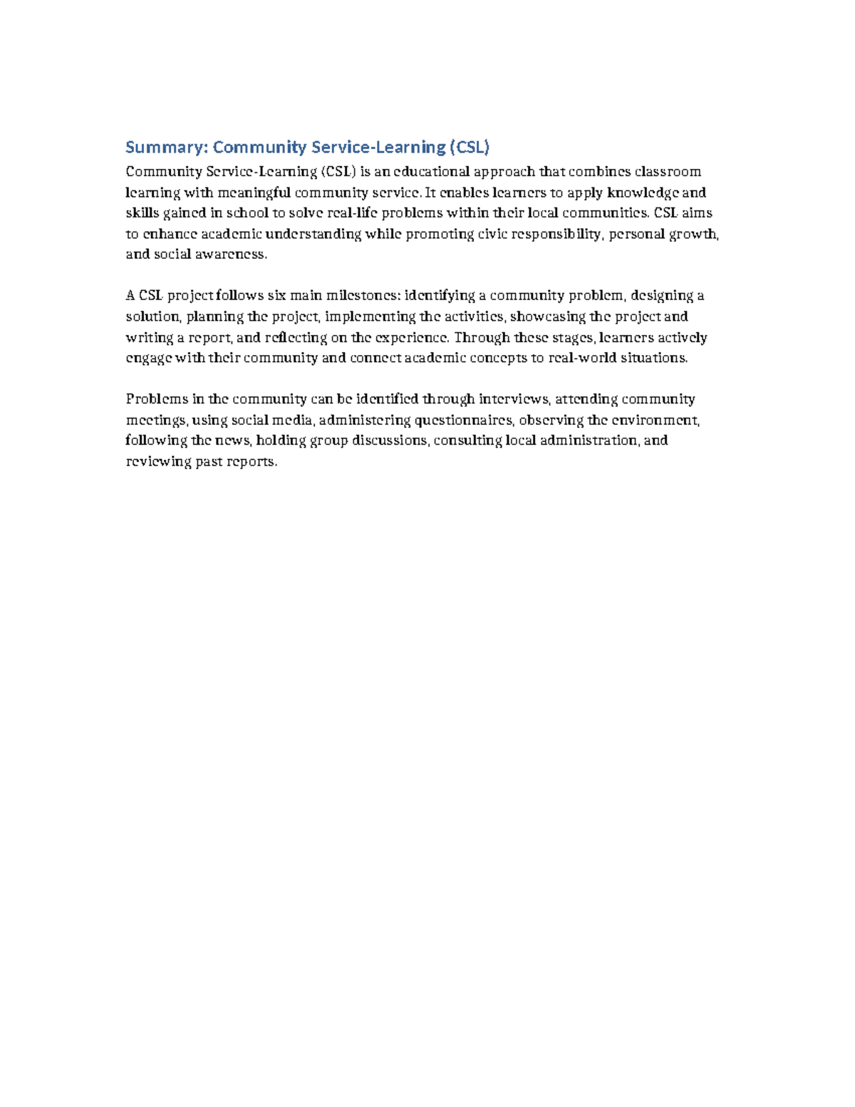 CSL Community Service Learning Summary and Key Milestones - Studocu