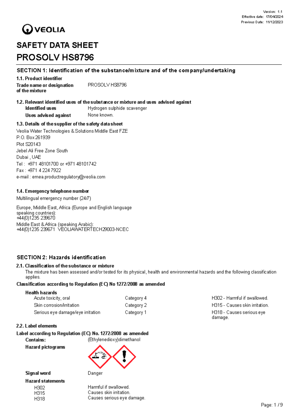 Safety Data Sheet for Prosolv HS8796 - Version 1.1 - Studocu