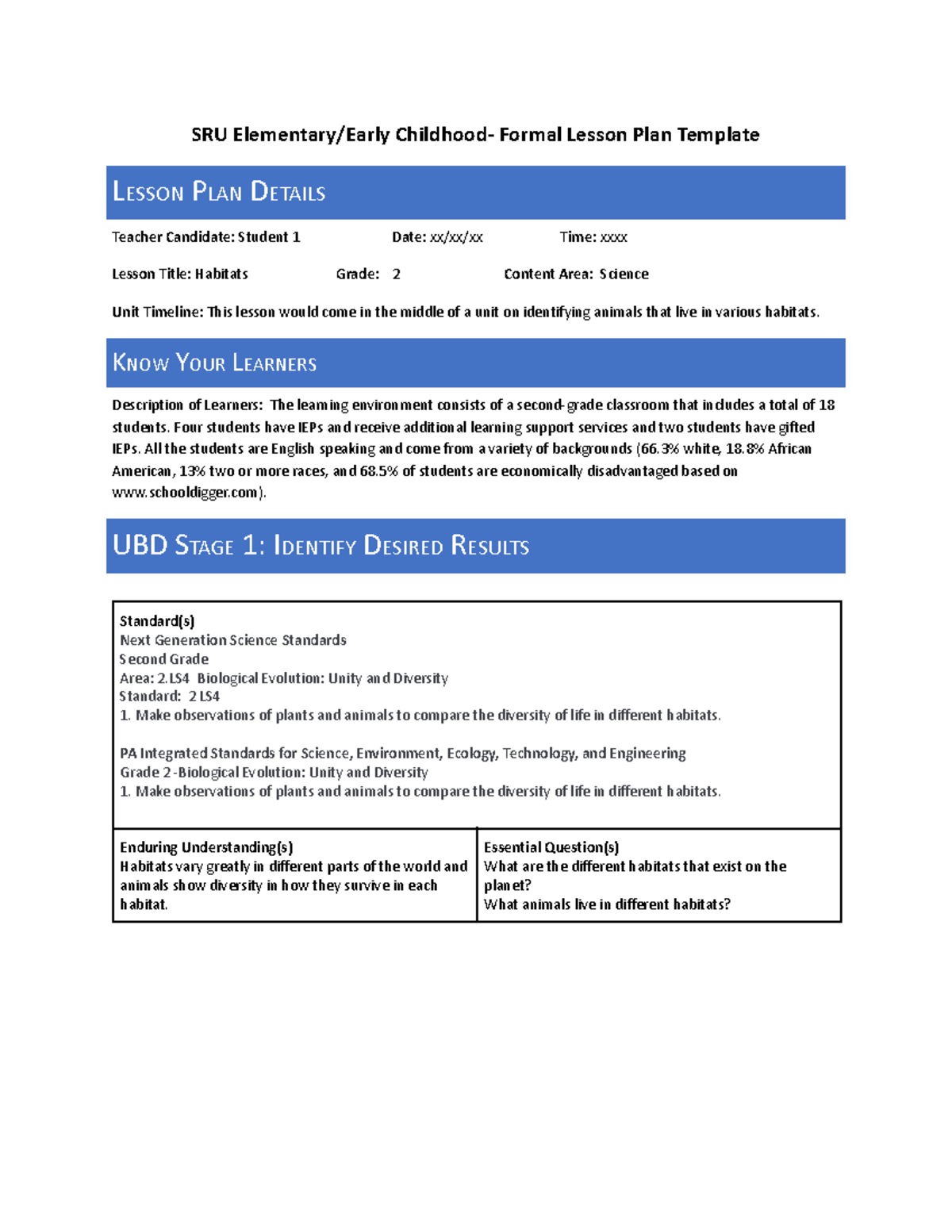 Ub D Science Lesson Plan: Habitats for Grade 2 Students - Studocu