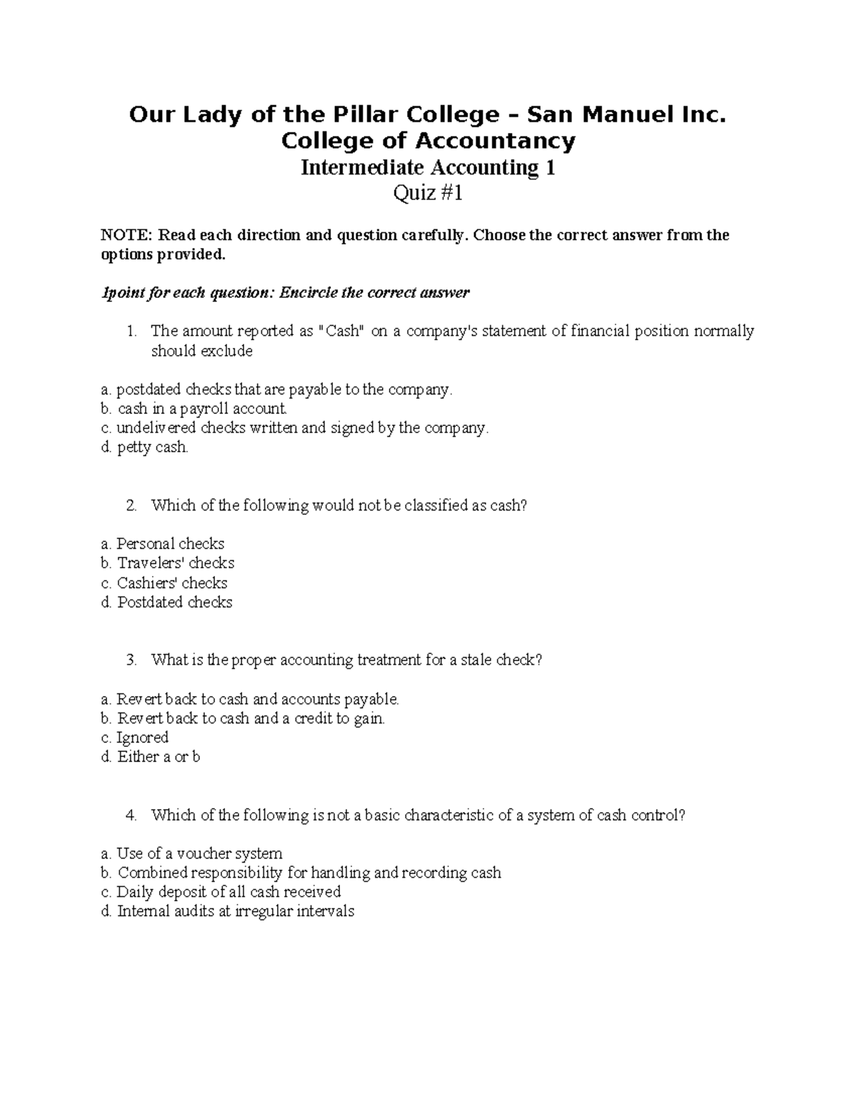 Intermediate Accounting 1 Quiz - Our Lady of the Pillar College - Studocu