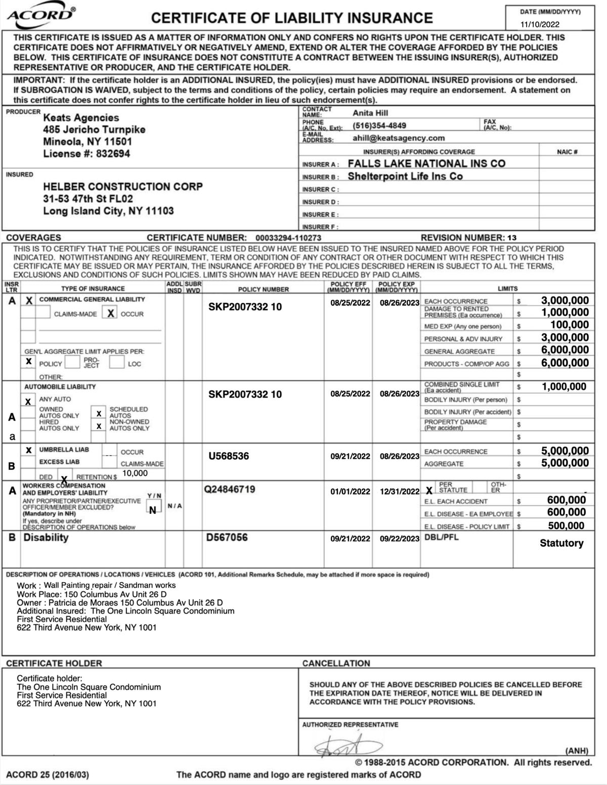Coi Patricia Liability Insurance Certificate - 11/10/2022 - Studocu
