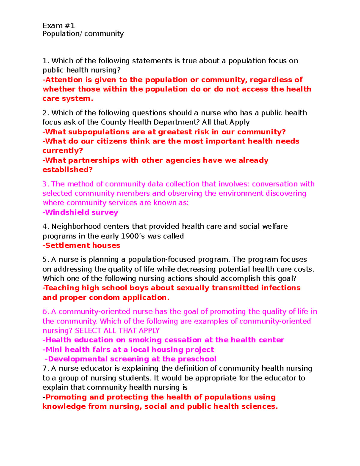 Exam 1 - Community/Public Health Nursing Overview and Key Concepts ...