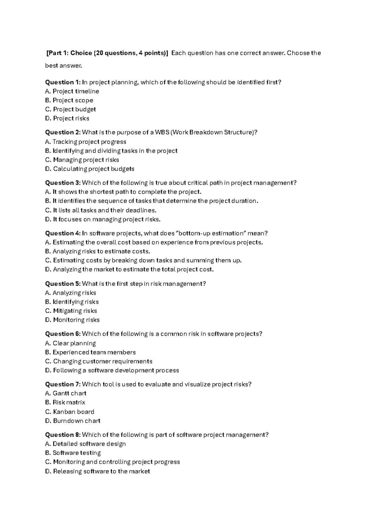 Project Management Exam 1: Multiple Choice & Essay Questions (PM101 ...