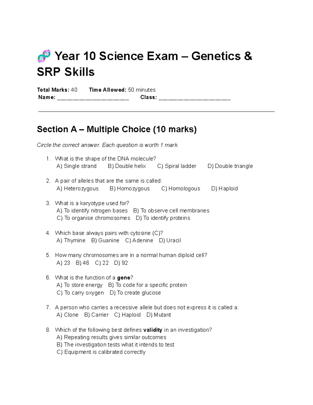 Year 10 Science Exam: Genetics & SRP Skills Review - Studocu
