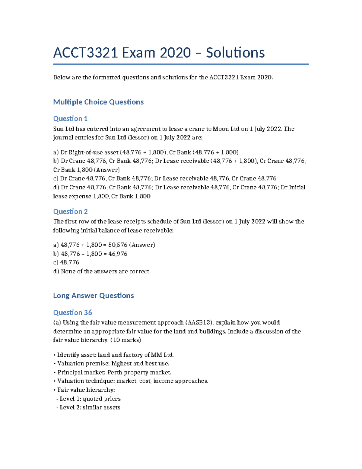 ACCT3321 Final Exam 2020 Solutions and Practice Questions - Studocu