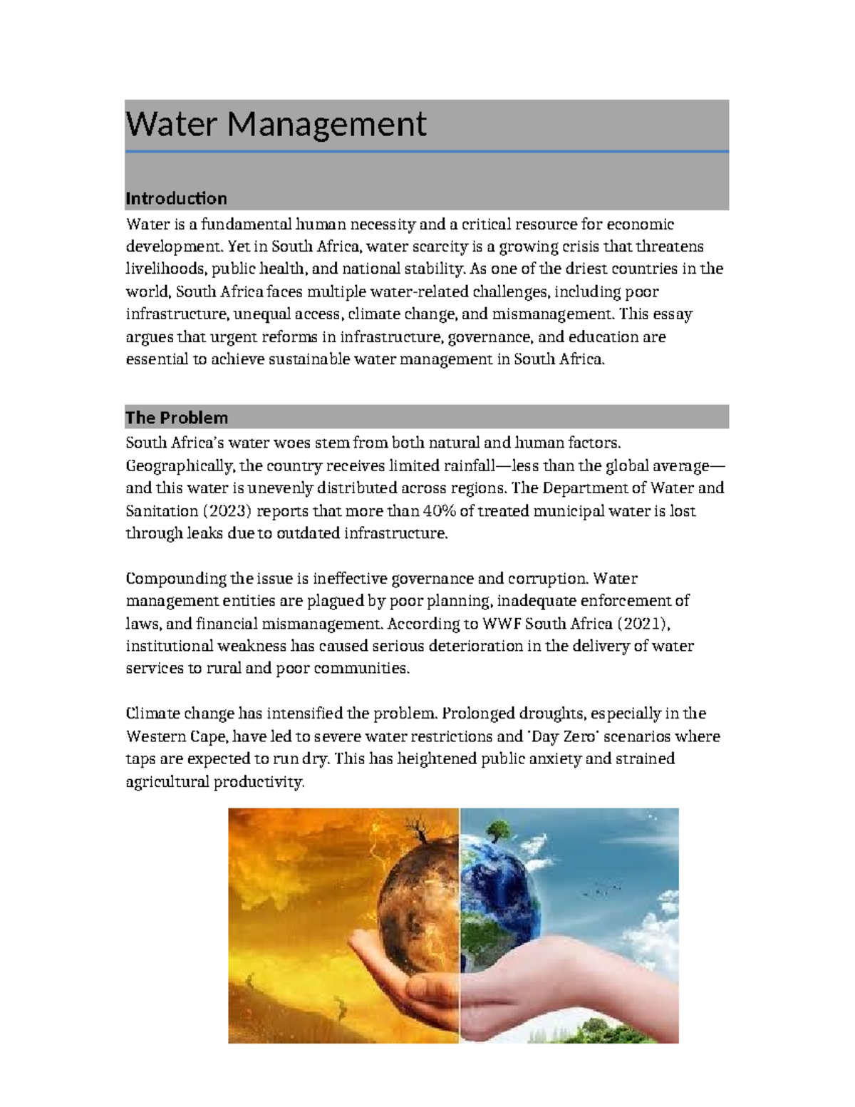 Water Management in South Africa: An Argumentative Essay (ENG 10C ...
