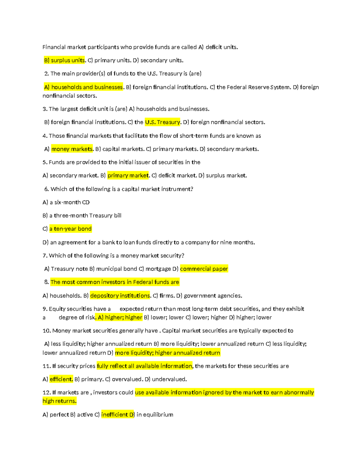 Financial Markets Quiz (FIN 101): Key Concepts and Terms - Studocu