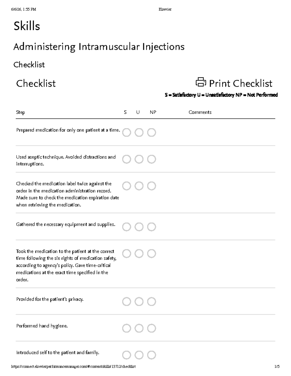 Administering Intramuscular Injections Checklist (Elsevier) - Studocu