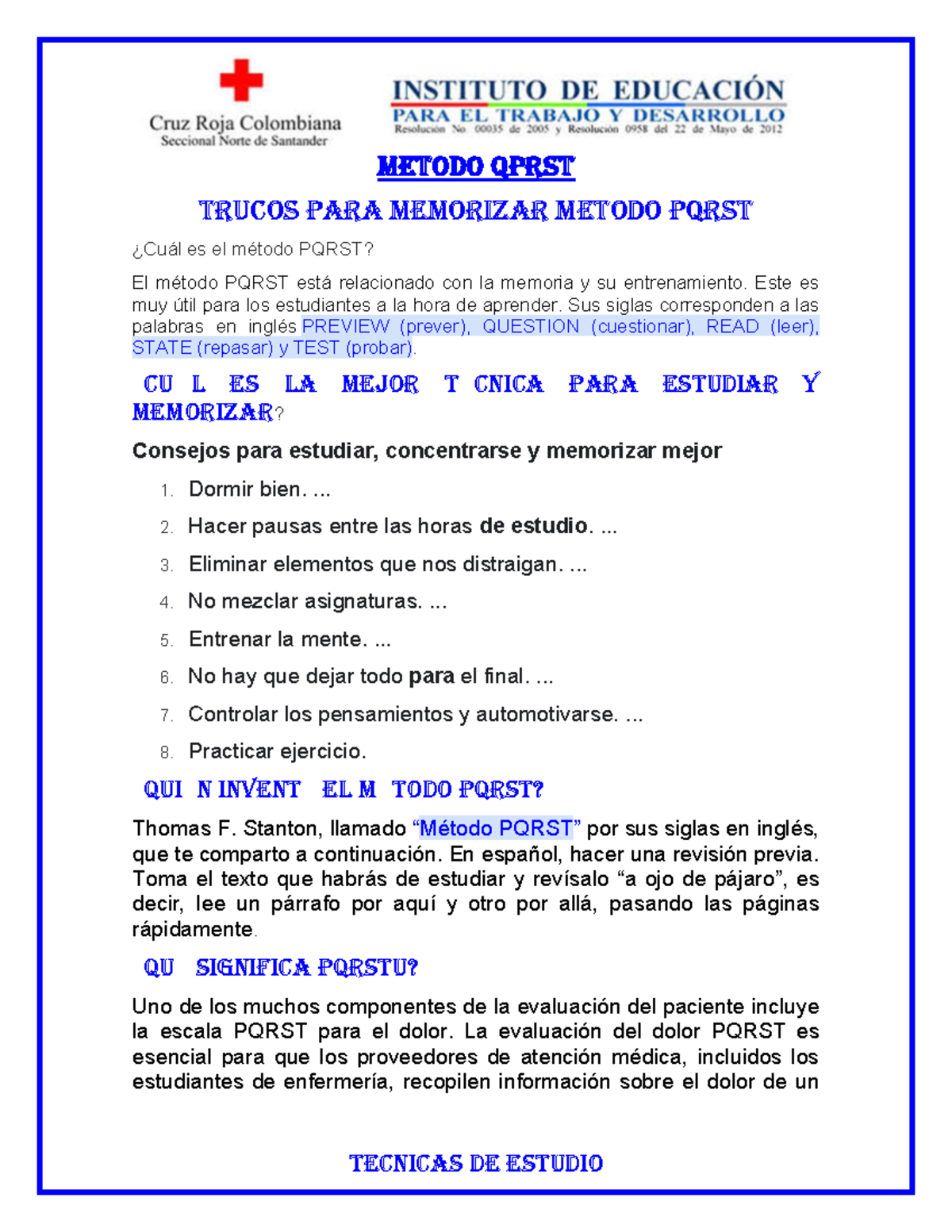 Método PQRST: Técnicas y Trucos para Mejorar la Memoria - Studocu
