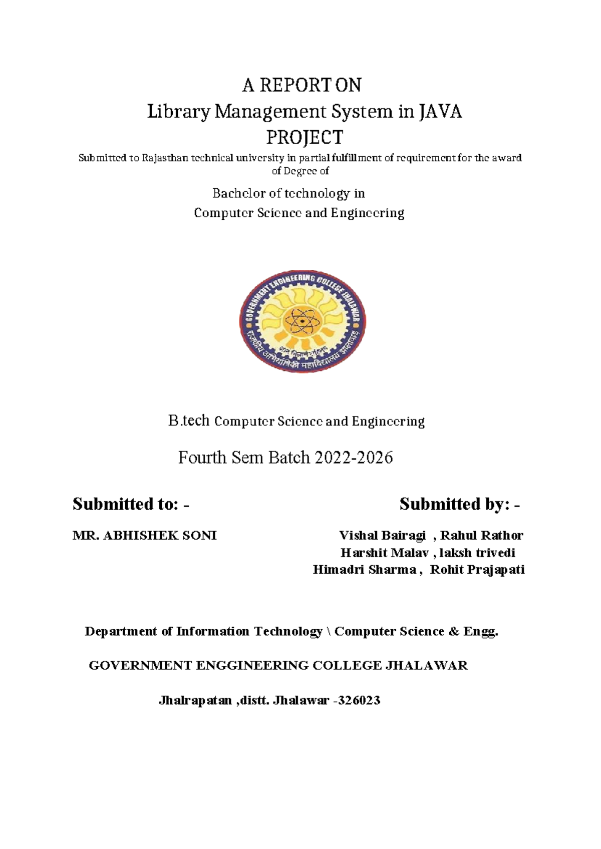 Library Management System Project Report - B.Tech CSE 4th Sem - Studocu