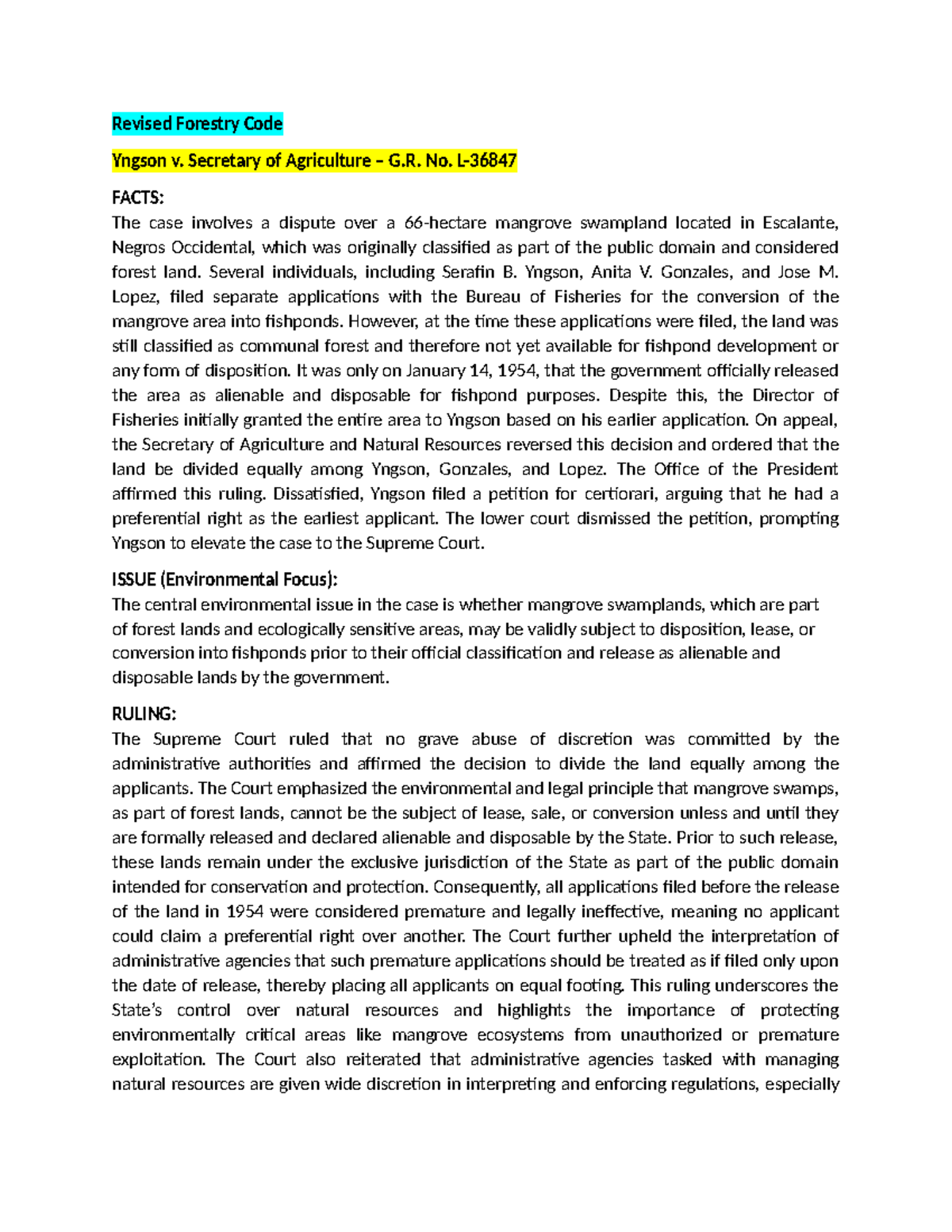 Natres Cases: Yngson v. Secretary of Agriculture G.R. No. 101083 ...