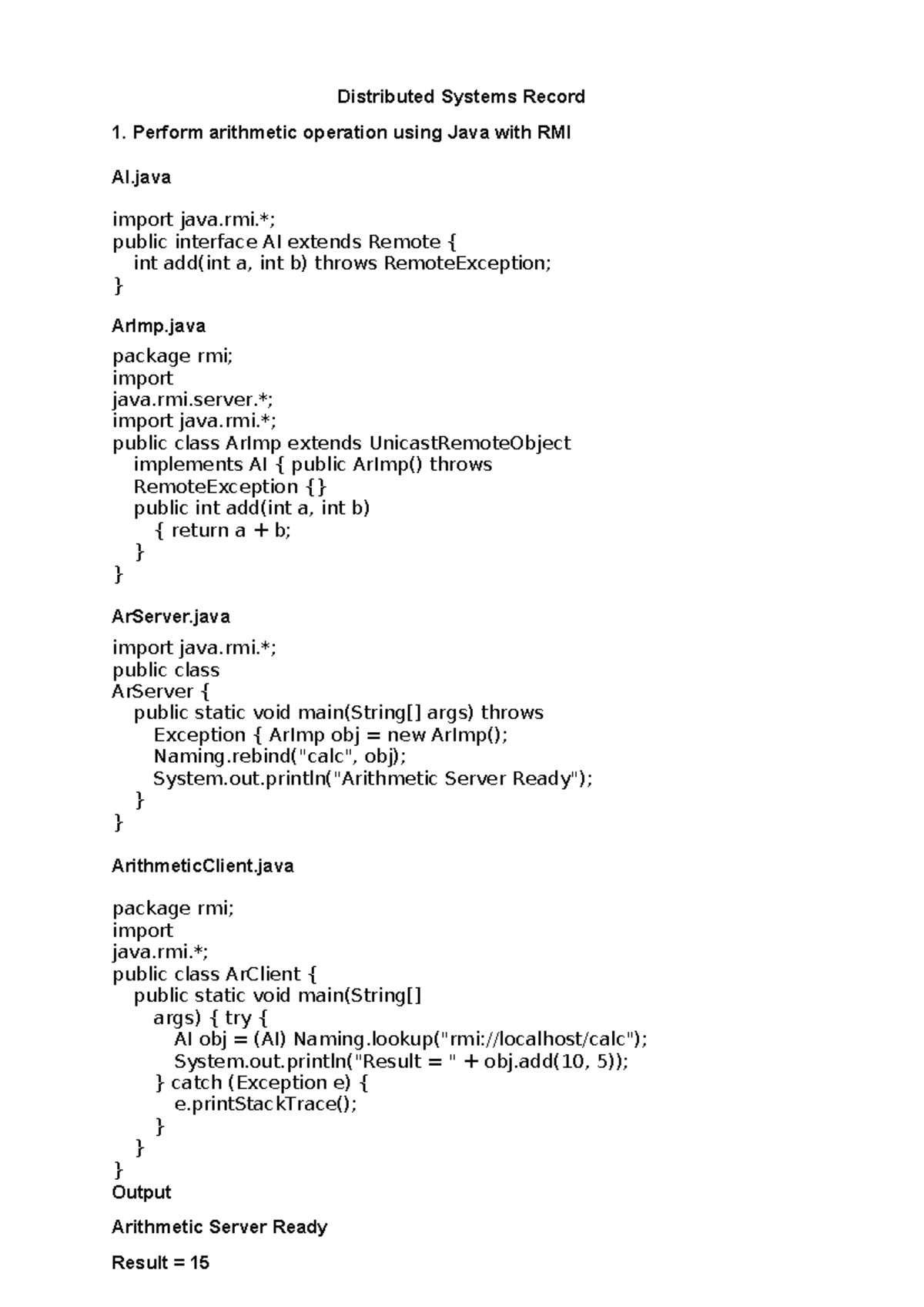 Distributed Systems Record: Java RMI Operations and Implementations ...