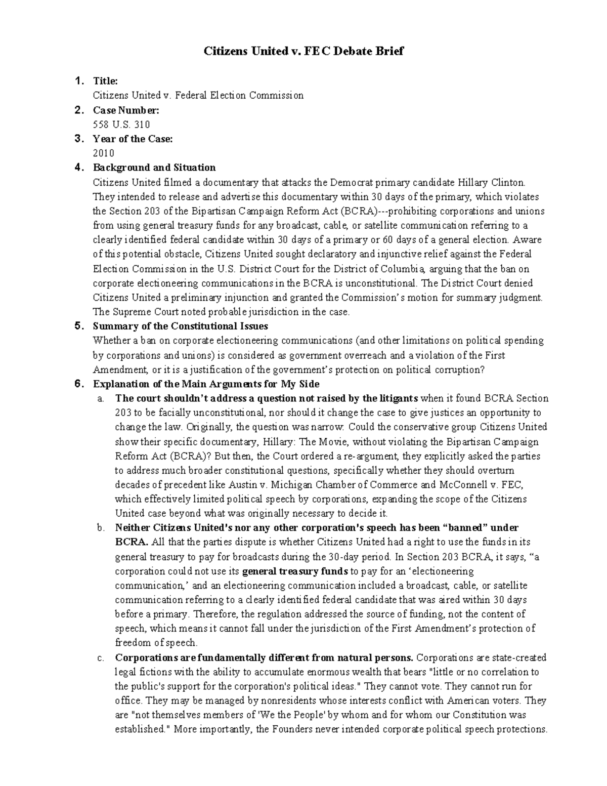 Citizens United v. FEC Case Analysis: Constitutional Implications - Studocu