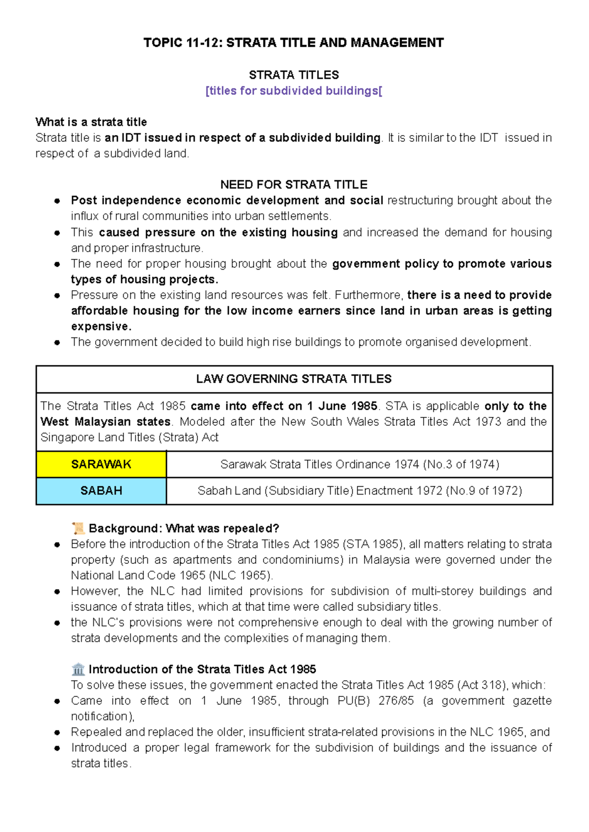 Topic 11-12: Understanding Strata Titles and Management - Studocu