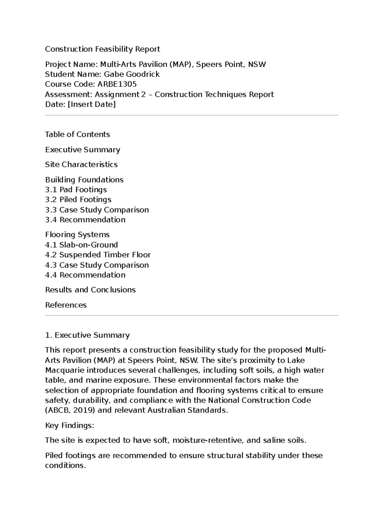 ARBE1305 Construction Feasibility Report: Pavilion Project at Speers ...
