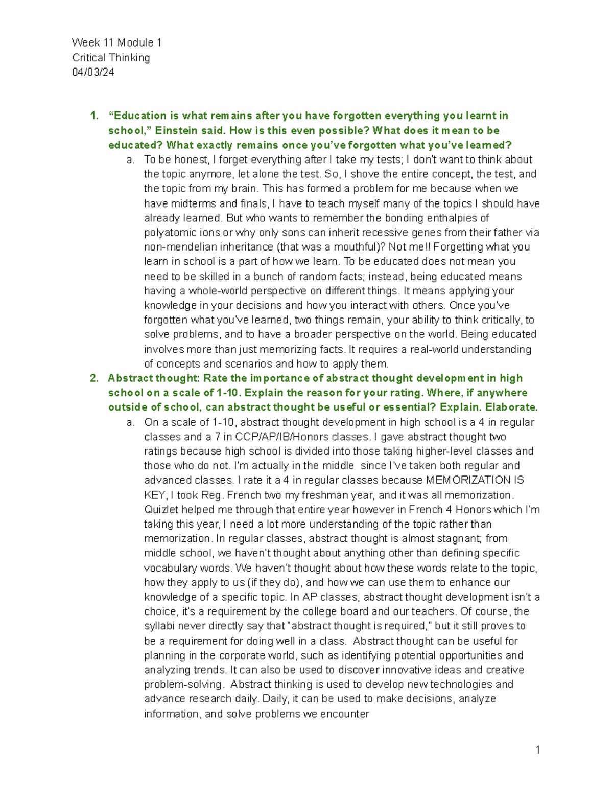 Week 11 Module 1: The Role of Critical Thinking in Education - Studocu