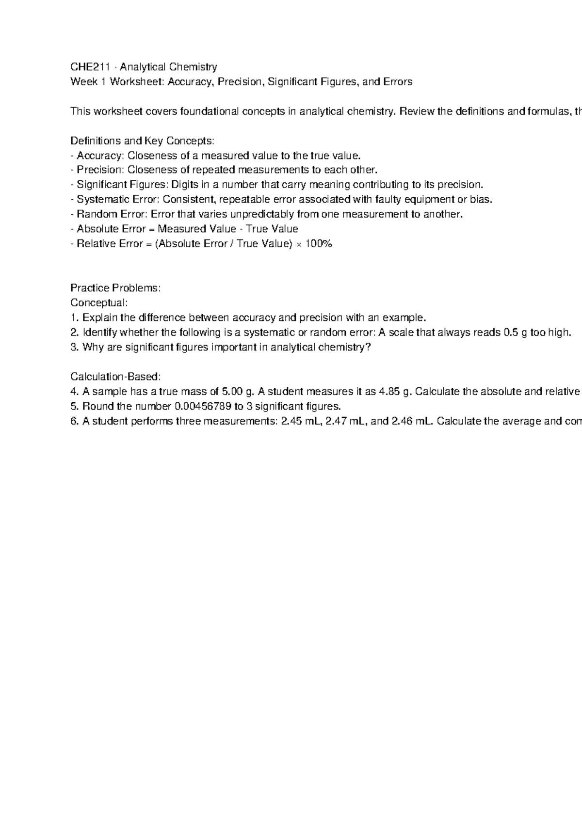CHE211 Analytical Chemistry Week 1 Solutions Sheet - Studocu