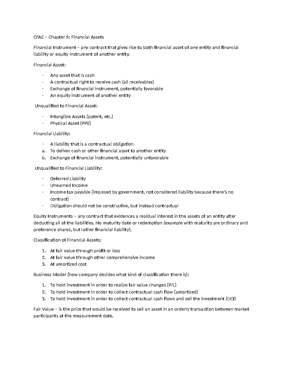CFAS Chapter 5: Overview of Financial Assets and Liabilities - Studocu